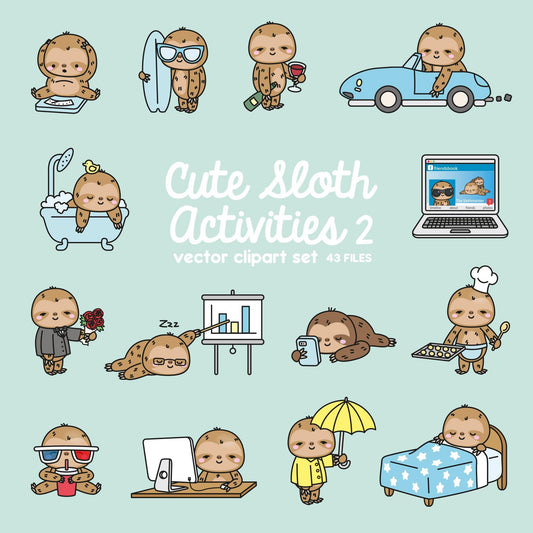 Premium Vector Clipart - Kawaii Sloth - Cute Sloth Clipart - Even More Sloths - Instant Download - Kawaii Clipart