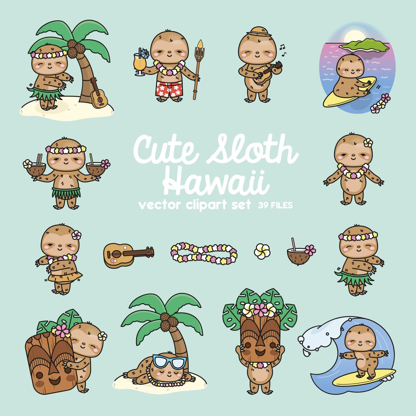 Premium Vector Clipart - Kawaii Sloth - Cute Sloths in Hawaii Clipart - Hawaii - Instant Download - Kawaii Clipart