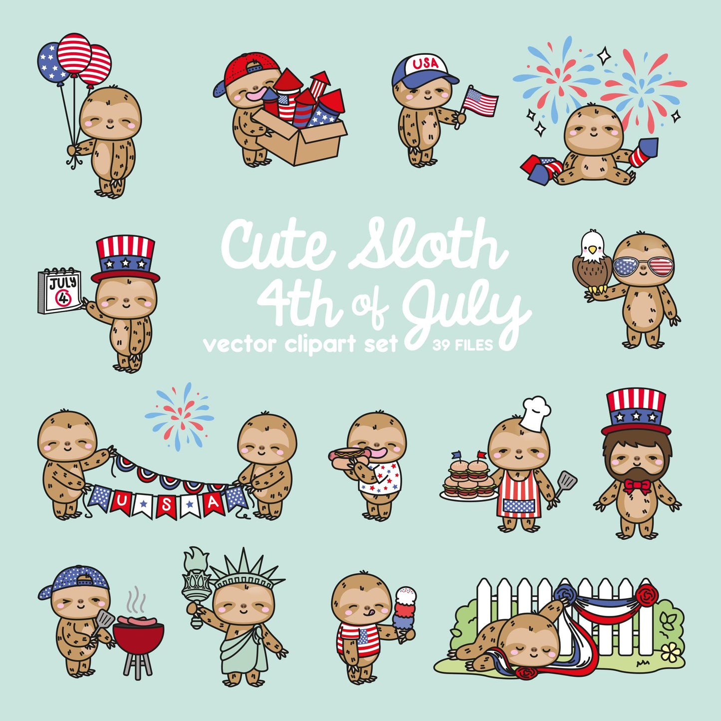 Premium Vector Clipart - Kawaii Sloth - Cute Sloth Clipart - 4th of July Sloths - Independence Day BBQ - Kawaii Clipart