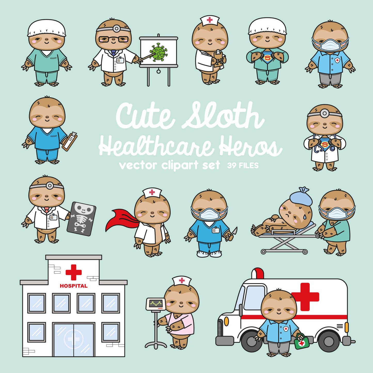 Premium Vector Clipart - Kawaii Sloth - Cute Sloths Healthcare Heros Clipart - Sloth Doctors - Instant Download - Kawaii Clipart