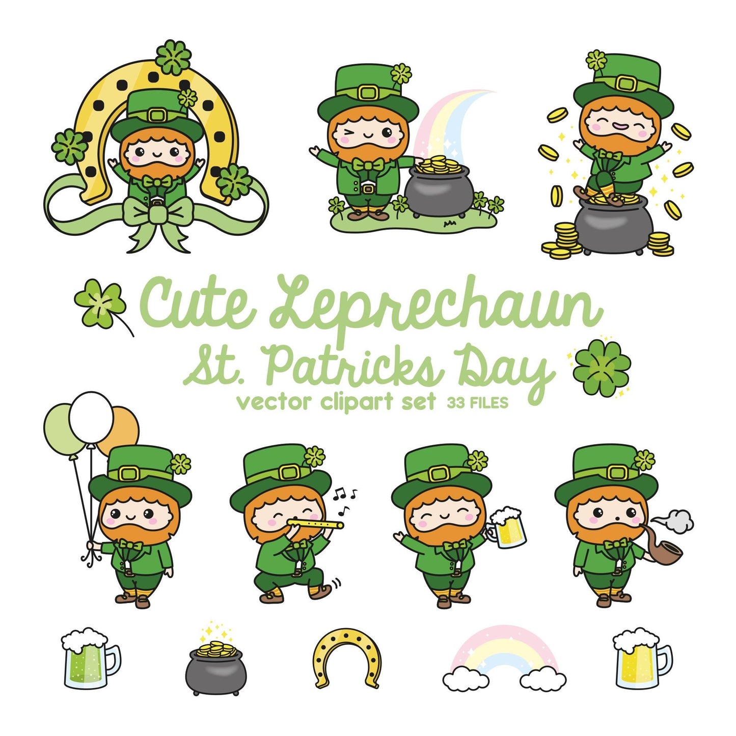 Premium Vector Clipart - Kawaii St Patrick's Day Clipart Set - Cute Leprechaun Clipart - High Quality Vectors - Kawaii Clipart