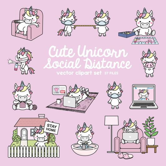 Premium Vector Clipart - Kawaii Unicorn - Cute Unicorn Social Distancing Clipart - Unicorn Lockdown - Instant Download - Kawaii Clipart