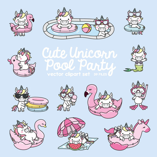 Premium Vector Clipart - Kawaii Unicorn - Cute Unicorn Pool Party Clipart - Pool Party - Instant Download - Kawaii Clipart