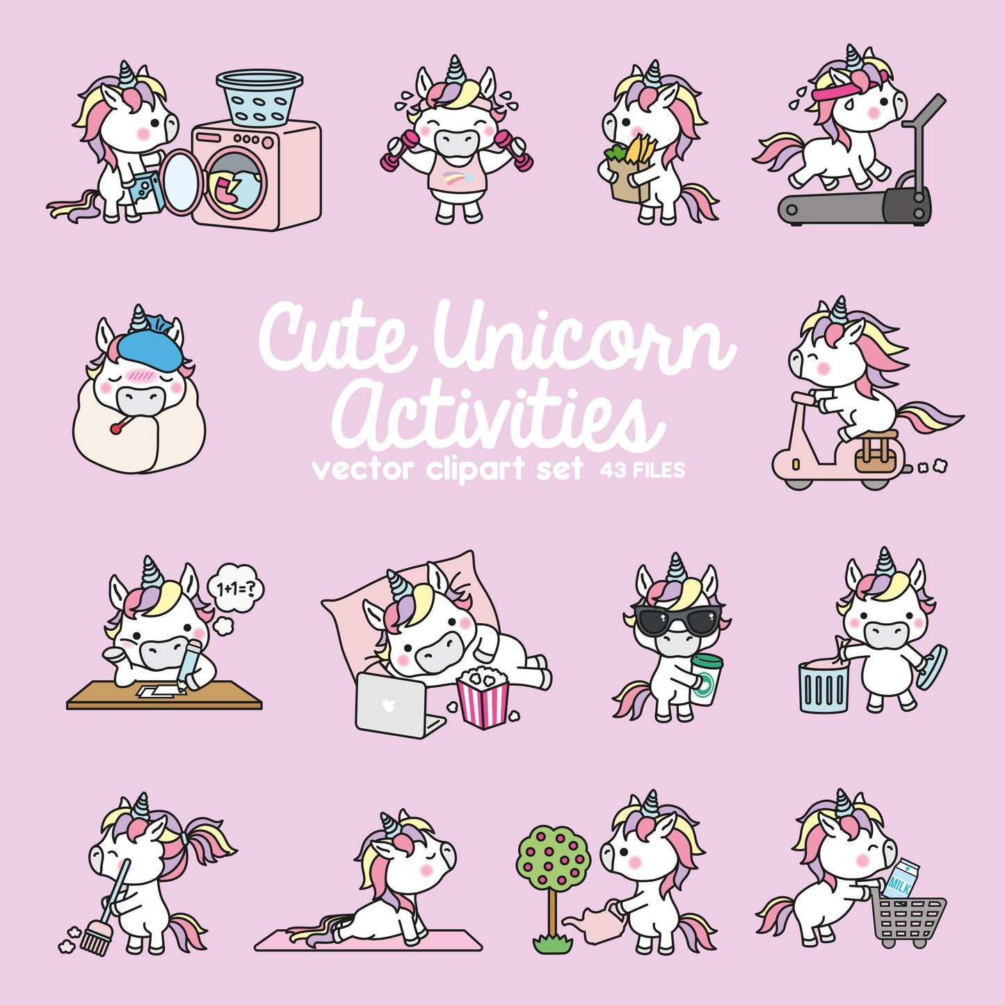 Premium Vector Clipart - Kawaii Unicorn - Cute Unicorn Planning Clipart - Instant Download - Kawaii Clipart