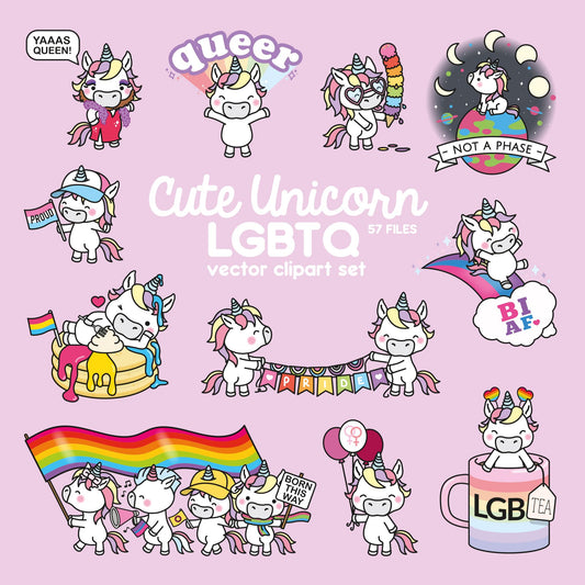 Premium Vector Clipart - Kawaii LGBTQ Pride Unicorn - Cute Unicorn Queer Pride Clipart - Instant Download - Kawaii Clipart