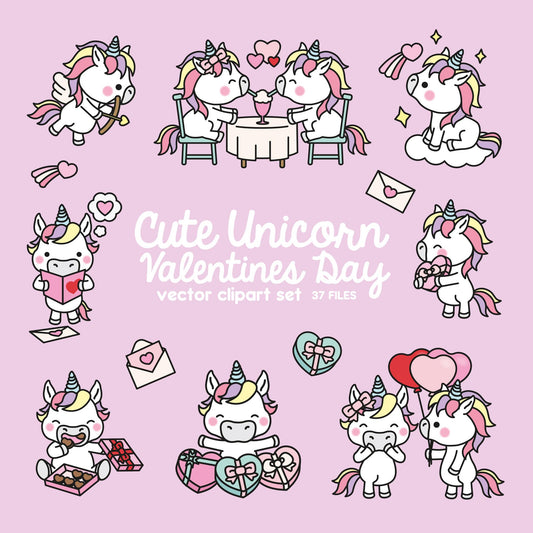 Premium Vector Clipart - Kawaii Valentines Unicorns - Valentines Day Unicorn Clipart Set - High Quality Vectors Cute Valentines Day Clipart