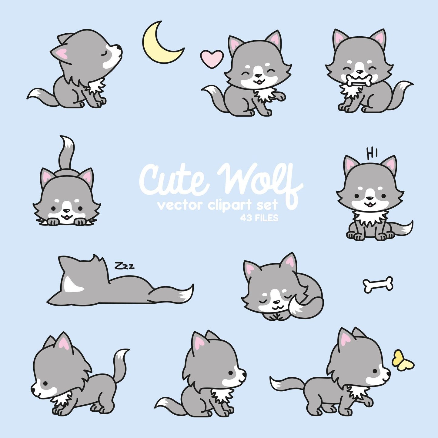 Premium Vector Clipart - Kawaii Wolf - Cute Wolves Clipart Set - High Quality Vectors - Instant Download - Kawaii Clipart