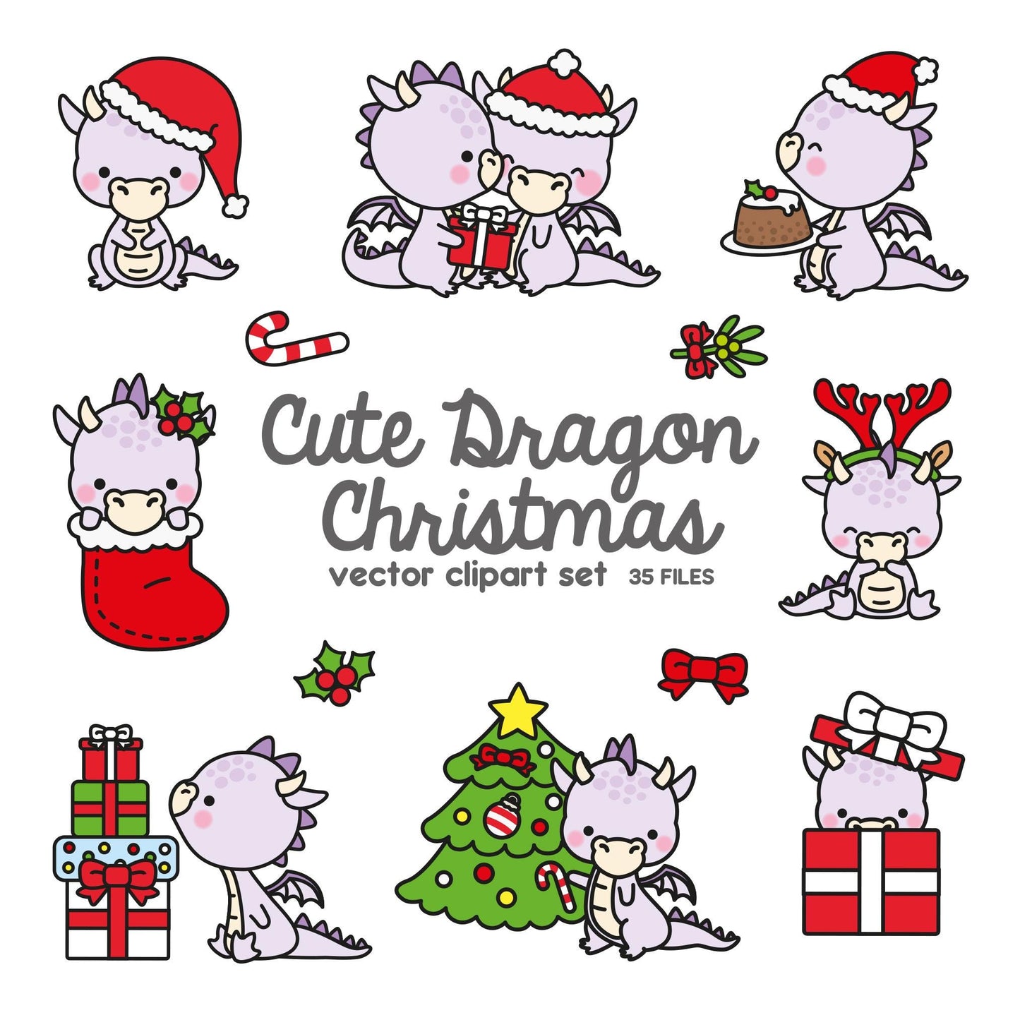 Premium Vector Clipart - Kawaii Purple Christmas Dragons - Cute Christmas Dragons Clipart - High Quality Vectors - Kawaii Christmas Clipart