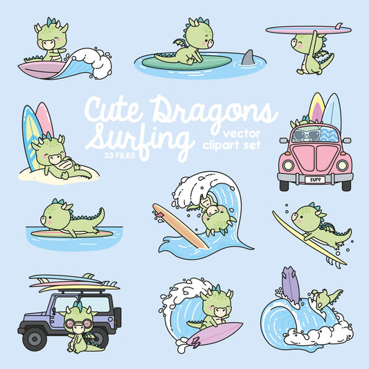 Premium Vector Clipart - Kawaii Dragons Surfing - Cute Dragons Surf Clipart Set - High Quality Vectors - Instant Download - Kawaii Clipart