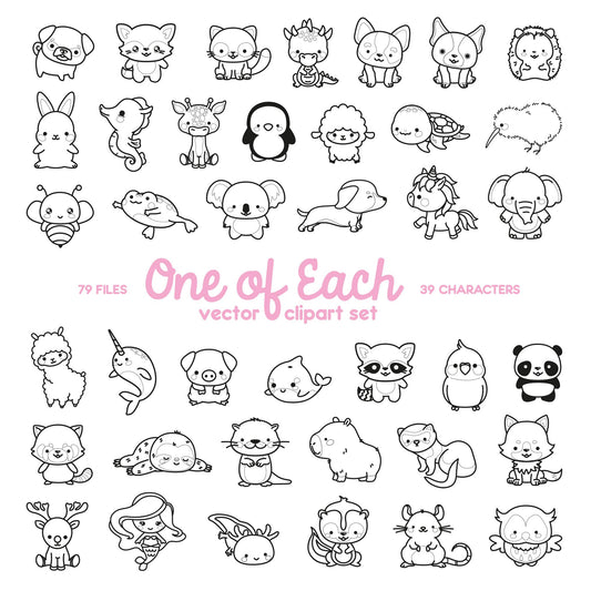 Premium Vector Clipart - Full Collection of Cute Clipart Characters - Kawaii Clipart - Instant Download - Kawaii Clipart - Outlines