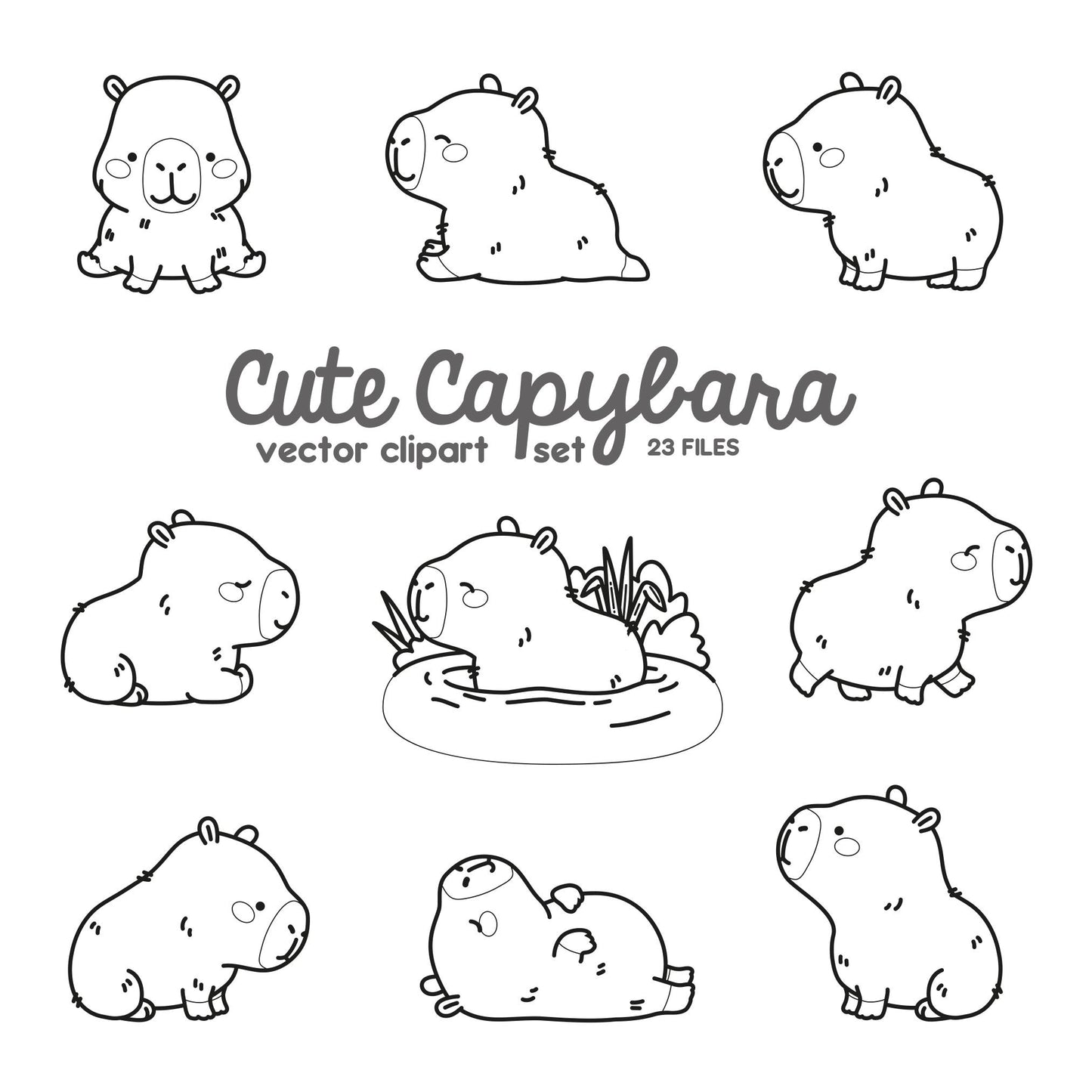 Premium Vector Clipart - Kawaii Capybara - Cute Capybara Clipart - Instant Download - Kawaii Clipart - Outlines