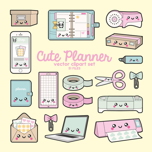 Premium Vector Clipart - Kawaii Planning Clipart - Kawaii Planner Clip Art Set - High Quality Vectors - Planner Supplies Kawaii Clipart