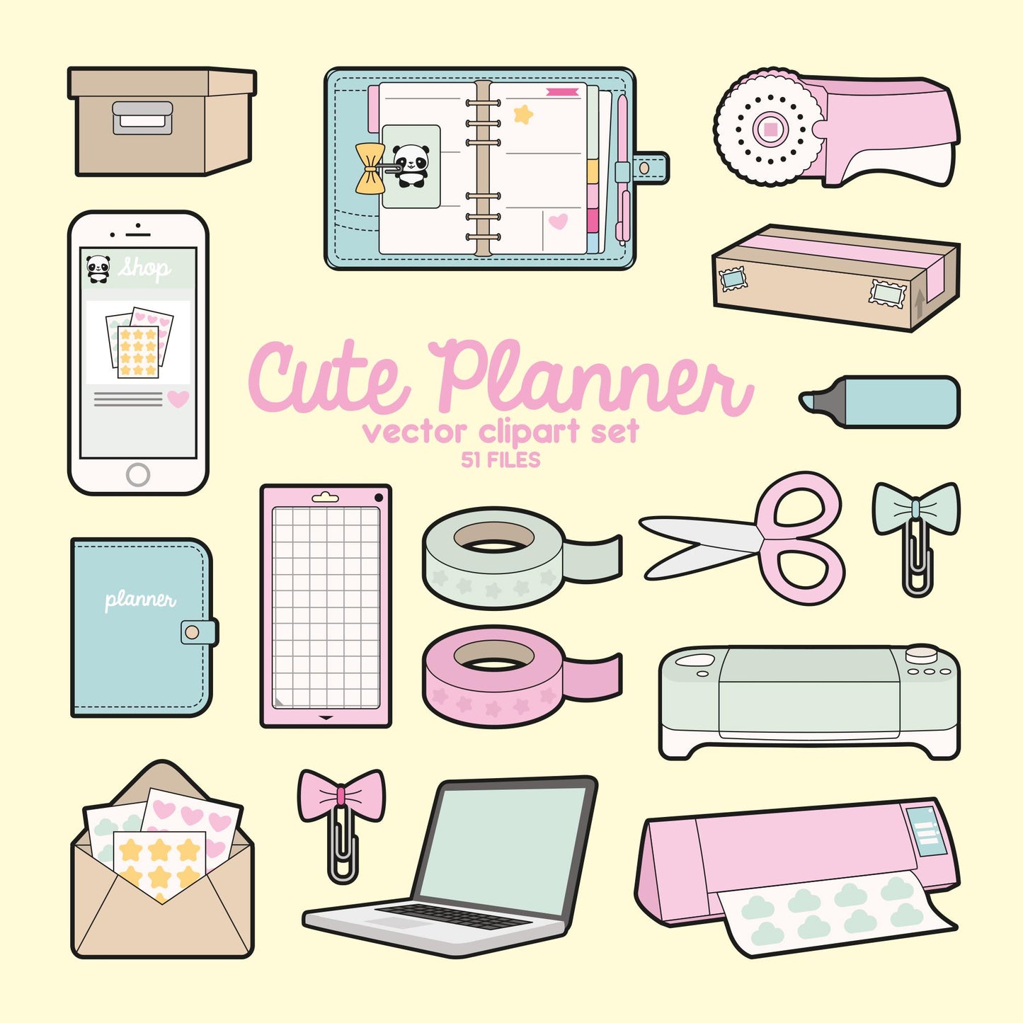 Premium Vector Clipart - Kawaii Planning Clipart - Cute Planner Clip Art - No Faces - High Quality Vectors - Planner Supplies Kawaii Clipart