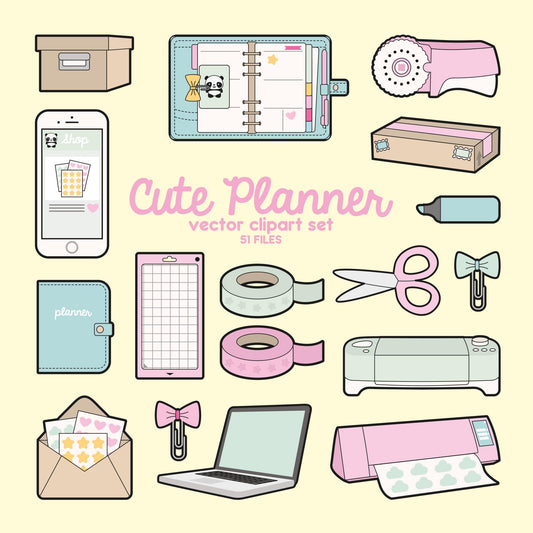 Premium Vector Clipart - Kawaii Planning Clipart - Cute Planner Clip Art - No Faces - High Quality Vectors - Planner Supplies Kawaii Clipart