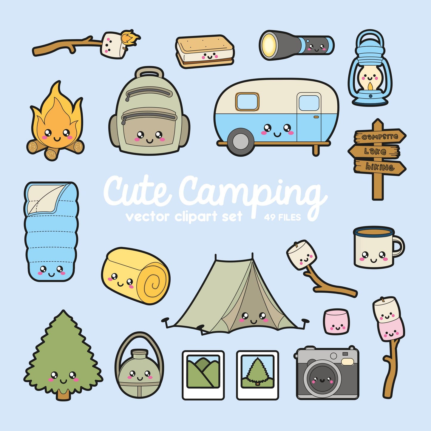 Premium Vector Clipart - Kawaii Camping Clipart - Kawaii Camping Clip art Set - High Quality Vectors - Instant Download - Kawaii Clipart