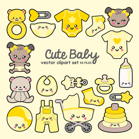 Premium Vector Clipart - Kawaii Baby Clipart - Kawaii Baby Clip art Set Yellow - High Quality Vectors - Kawaii Maternity Clipart