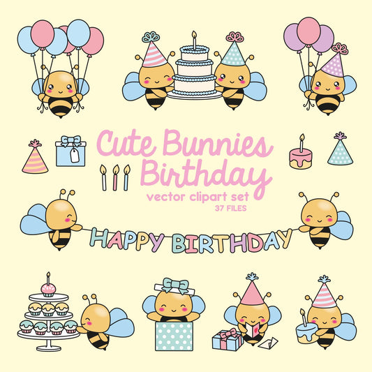 Premium Vector Clipart - Kawaii Birthday Bees - Cute Birthday Bees Clipart Set - High Quality Vectors - Kawaii Birthday Clipart