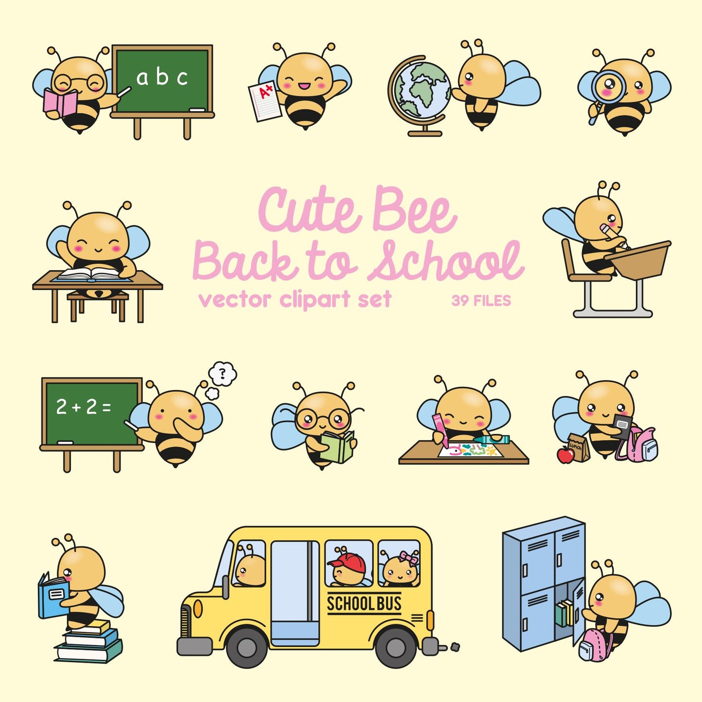 Premium Vector Clipart - Kawaii Bees Back To School - Cute Bees Clipart Set - High Quality Vectors - Kawaii School Clipart