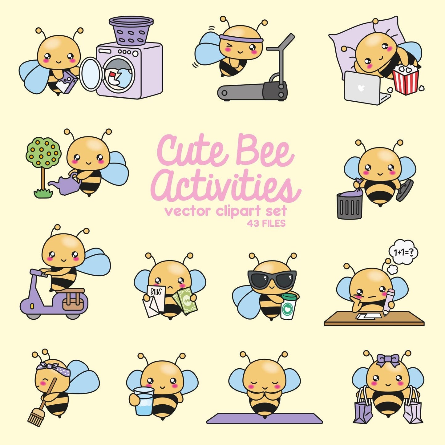 Premium Vector Clipart - Kawaii Bee - Cute Bees Planning Clipart - Cute Bee Getting Stuff Done - Instant Download - Kawaii Clipart