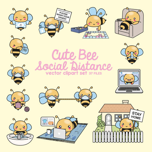 Premium Vector Clipart - Kawaii Bee - Cute Bee Social Distancing Clipart - Bee Lockdown - Instant Download - Kawaii Clipart