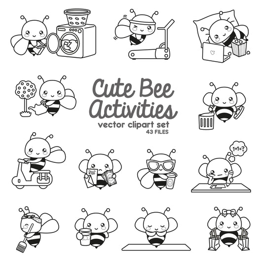 Premium Vector Clipart - Kawaii Bee - Cute Bees Planning Clipart - Cute Bee Getting Stuff Done - Outlines - Instant Download