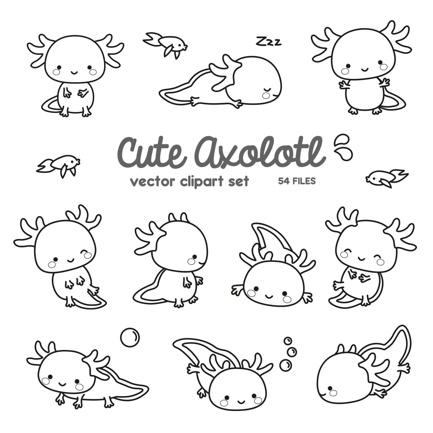 Premium Vector Clipart - Kawaii Axolotl Outlines - Cute Axolotl Outlines Clipart Set - High Quality Vectors - Instant Download