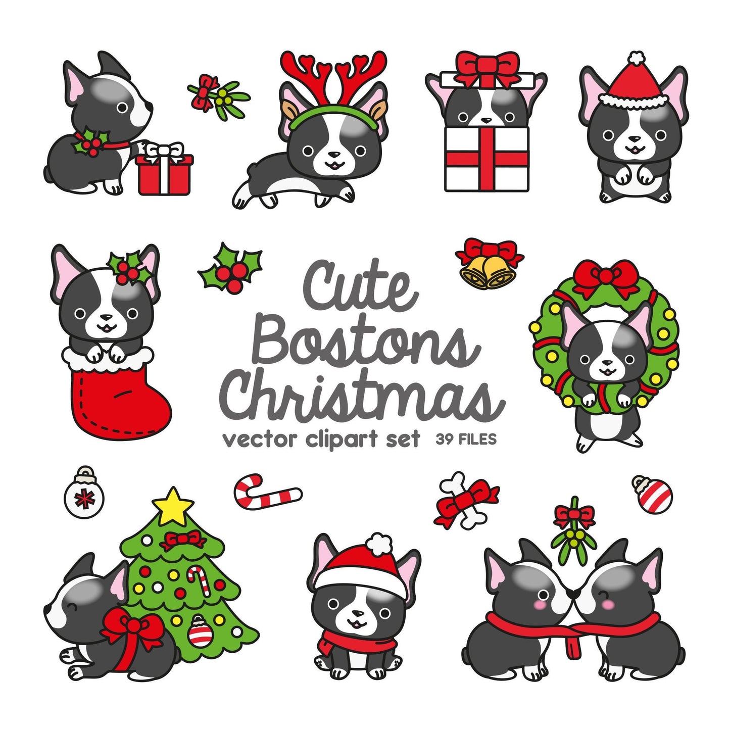 Premium Vector Clipart - Kawaii Christmas Bostons - Cute ChristmasBostonss Clipart Set - High Quality Vectors - Kawaii Christmas Clipart