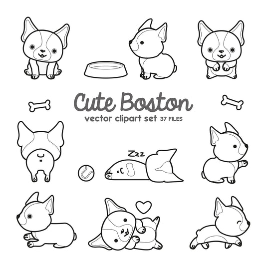 Premium Vector Clipart - Kawaii Boston Terriers - Cute Bostons Clipart Set - High Quality Vectors - Black + White Outlines - Kawaii Clipart