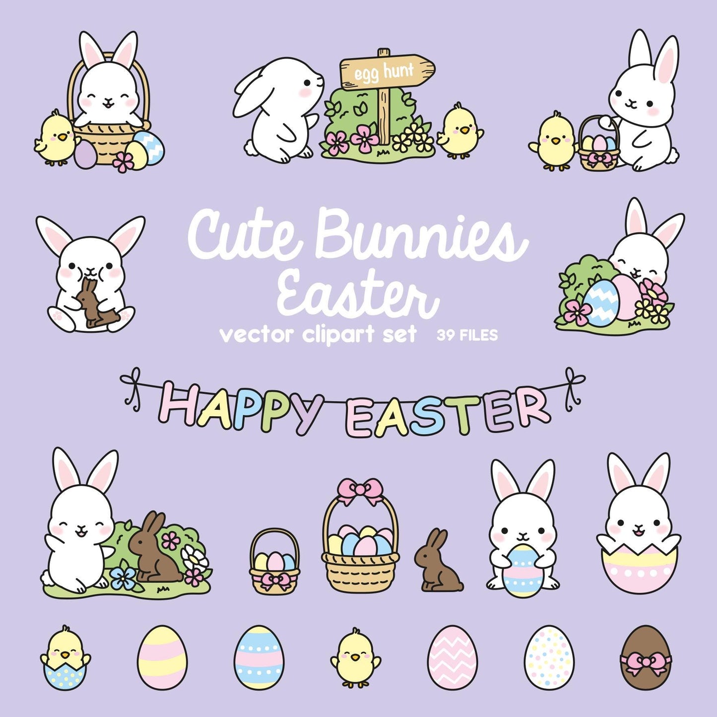 Premium Vector Clipart - Kawaii Easter - Cute Easter Clipart Set - Easter Bunny - High Quality Vectors - Kawaii Christmas Clipart