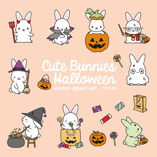 Premium Vector Clipart - Kawaii Halloween Bunnies - Cute Halloween Bunnies Clipart Set - High Quality Vectors - Kawaii Halloween Clipart