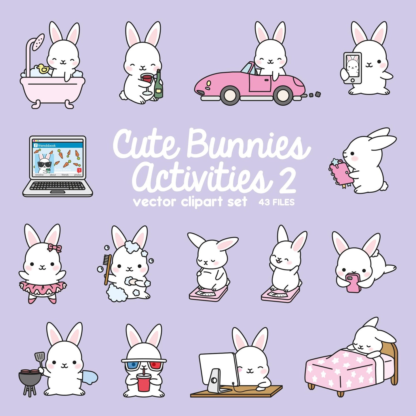 Premium Vector Clipart - Kawaii Bunny - Cute Bunny Planning Clipart - Even More Bunnies - Instant Download - Kawaii Clipart