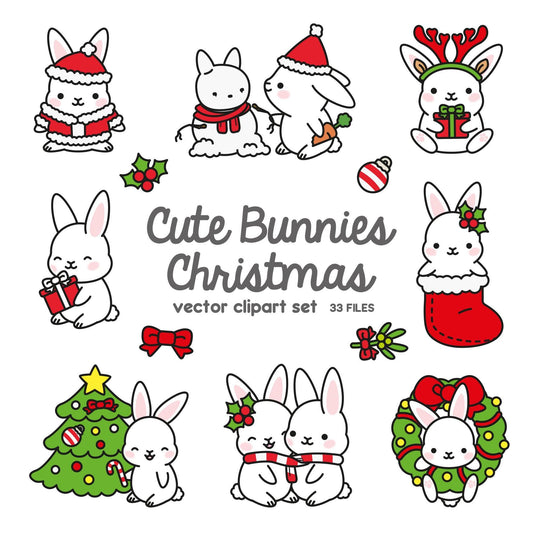 Premium Vector Clipart - Kawaii Christmas Bunnies - Cute Christmas Bunny Clipart Set - High Quality Vectors - Kawaii Christmas Clipart