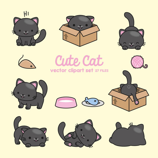 Premium Vector Clipart - Kawaii Black Cats - Cute Black Cats Clipart Set - High Quality Vectors - Instant Download - Kawaii Cats Clipart