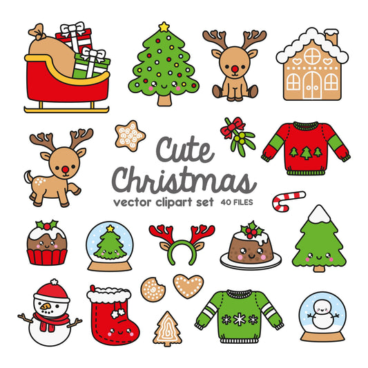 Premium Vector Clipart - Kawaii Christmas - Another Cute Chrismas Clipart Set - High Quality Vectors - Instant Download - Kawaii Clipart