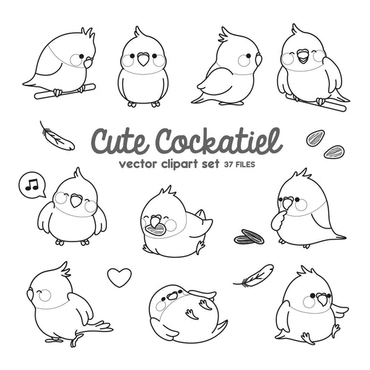 Premium Vector Clipart - Kawaii Cockatiel Outlines - Cute Cockatiel Outlines Clipart Set - High Quality Vectors - Kawaii Clipart