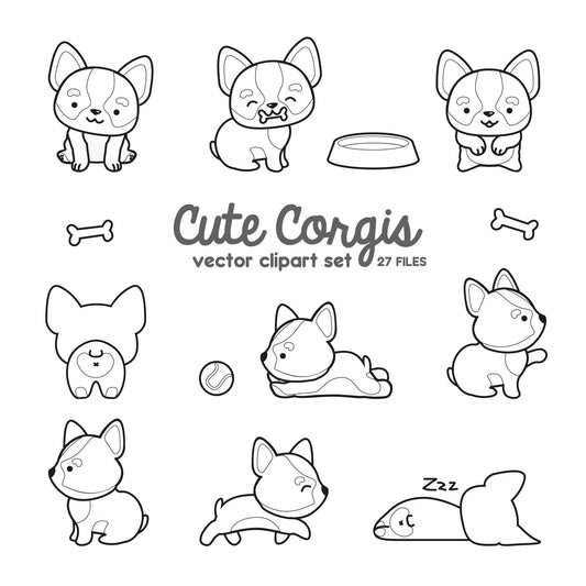 Premium Vector Clipart - Kawaii Corgi Outlines - Cute Corgis Outlines Clipart Set - High Quality Vectors - Instant Download