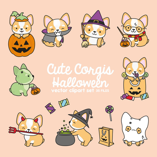 Premium Vector Clipart - Kawaii Halloween Corgi - Cute Halloween Corgi Clipart Set - High Quality Vectors - Kawaii Halloween Clipart