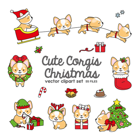 Premium Vector Clipart - Kawaii Christmas Corgis - Cute Christmas Corgi Clipart Set - High Quality Vectors - Kawaii Christmas Clipart