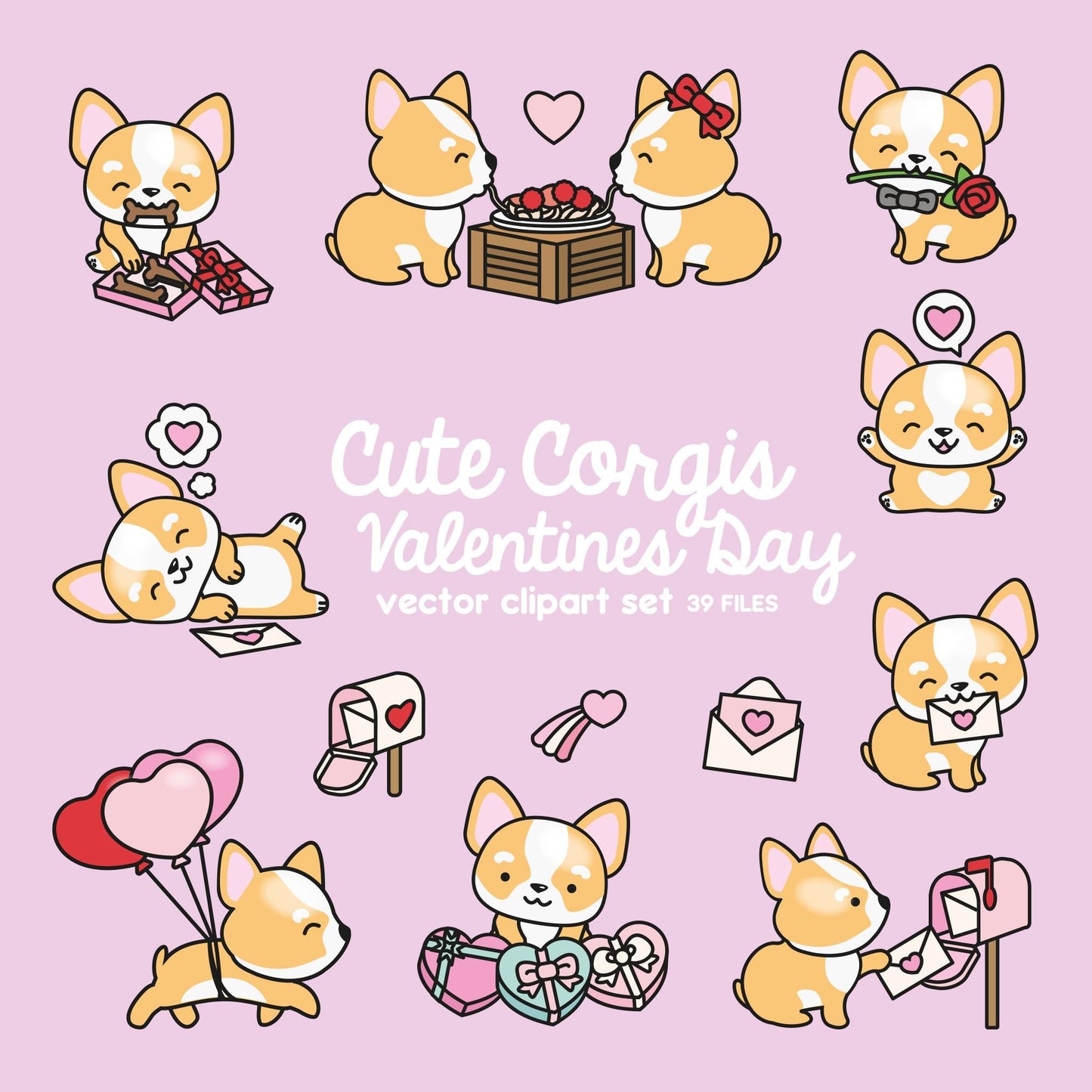 Premium Vector Clipart - Kawaii Valentines Corgis - Valentines Day Corgi Clipart Set - High Quality Vectors Cute Valentines Day Clipart