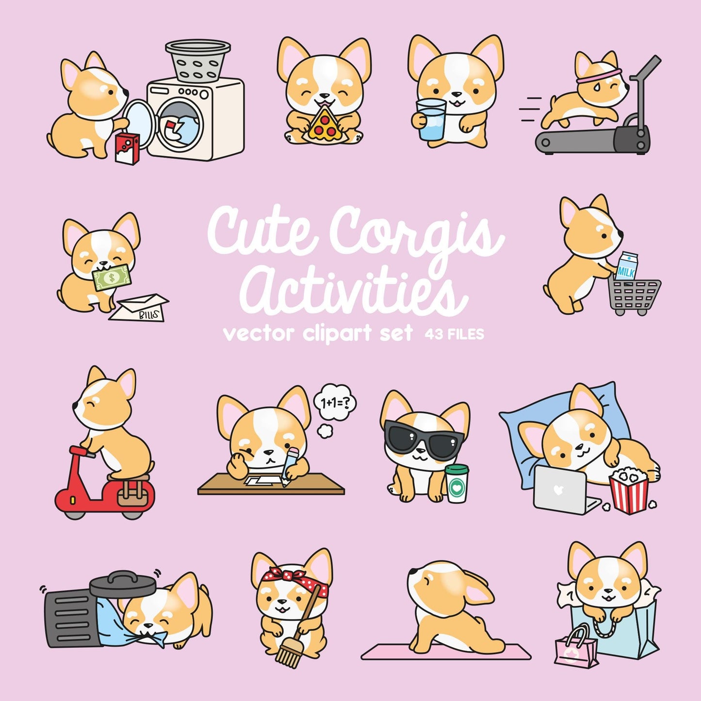 Premium Vector Clipart - Kawaii Corgi - Cute Corgi Planning Clipart - Instant Download - Kawaii Clipart