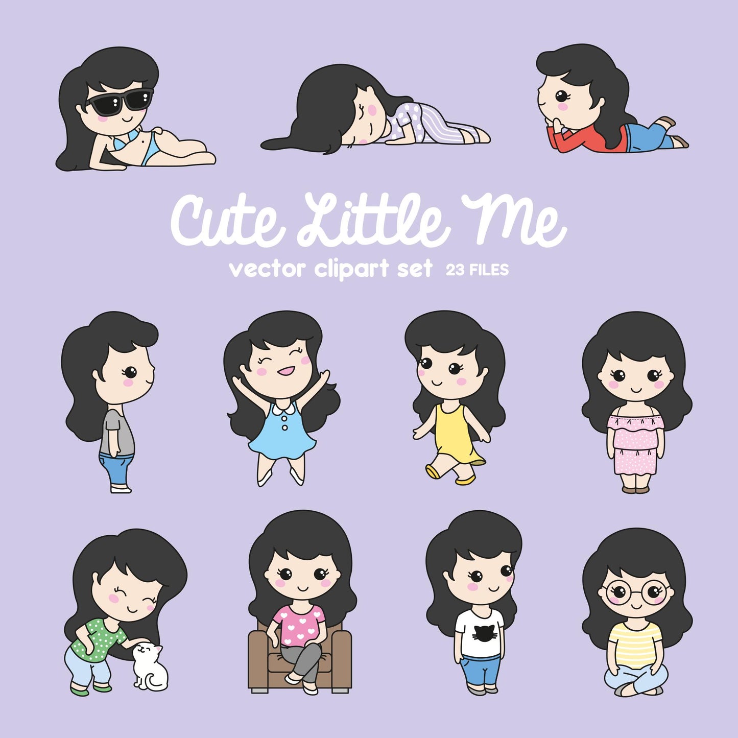 Premium Vector Clipart - Cute Me - Kawaii Girls - Cute Girls Clipart Set - High Quality Vectors - Black Hair - Kawaii Clipart