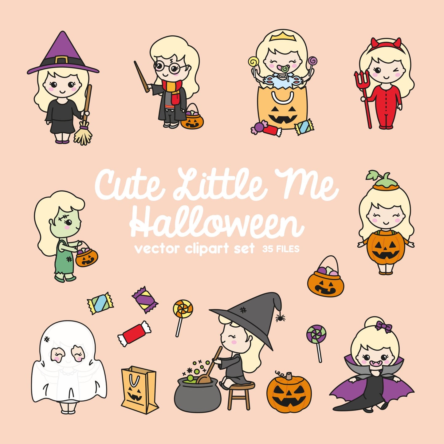 Premium Vector Clipart - Kawaii Halloween Girl - Cute Me Halloween Clipart Set - Blonde Hair - Kawaii Halloween Clipart