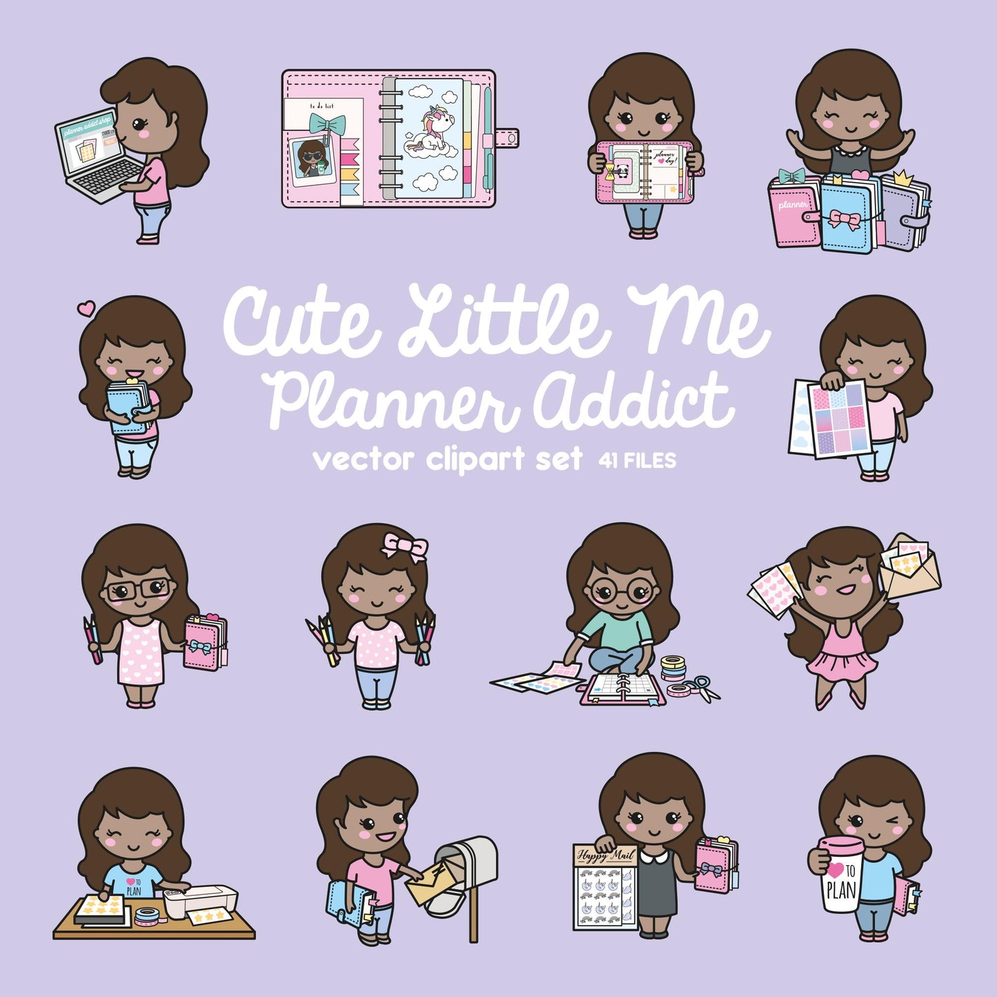 Premium Vector Clipart - Kawaii Me - Cute Me Planner Addict Clipart - Cute Me Loves Planning - Instant Download - Kawaii Clipart