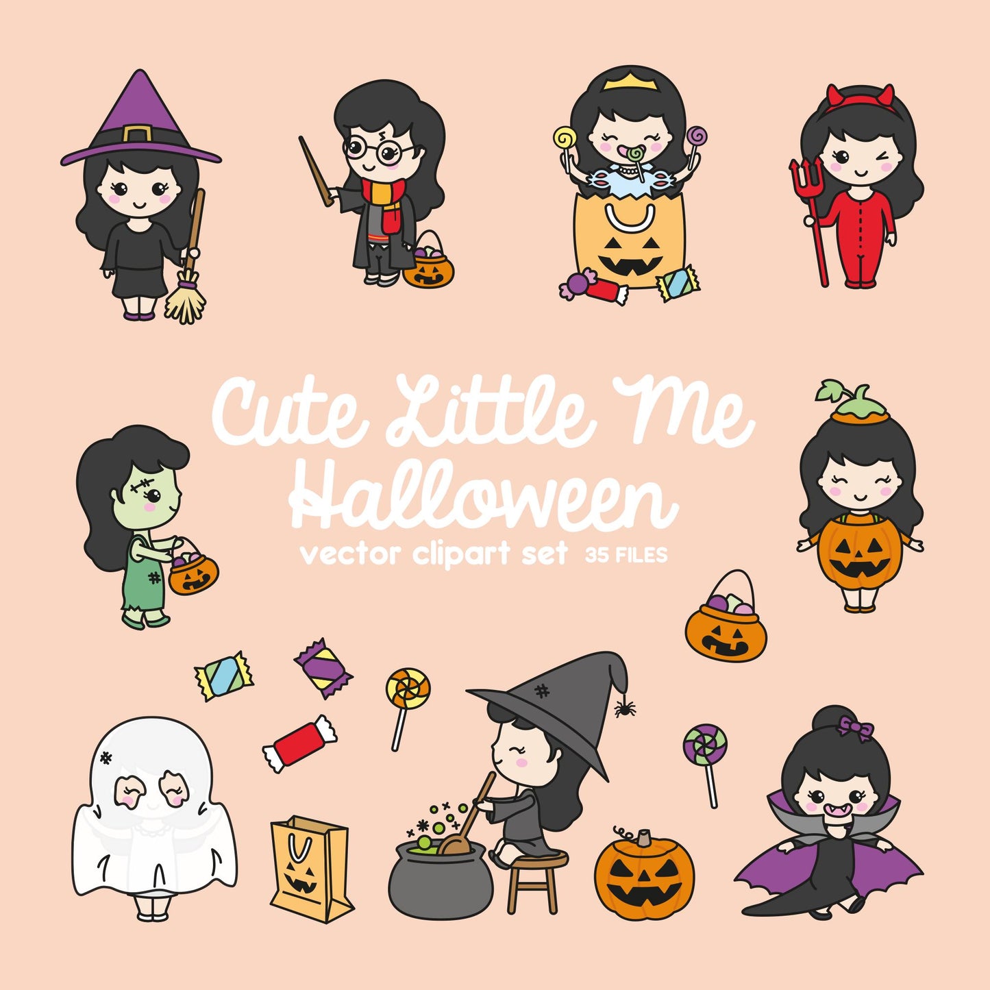 Premium Vector Clipart - Kawaii Halloween Girl - Cute Me Halloween Clipart Set - Black Hair - Kawaii Halloween Clipart