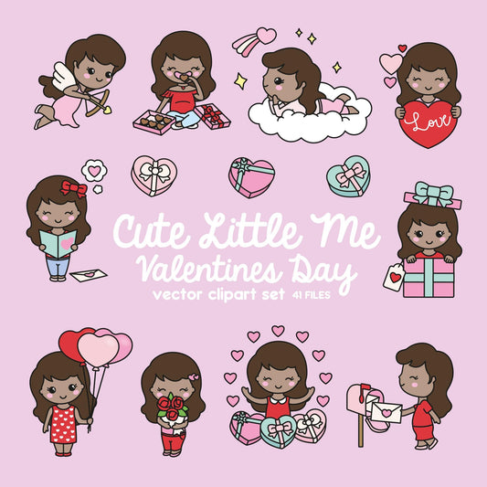 Premium Vector Clipart - Kawaii Valentines Day Cute Me - Valentines Day Girl Clipart Set - Cute Valentines Day Clipart - Dark Skin