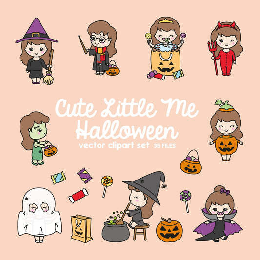 Premium Vector Clipart - Kawaii Halloween Girl - Cute Me Halloween Clipart Set - Brown Hair - Kawaii Halloween Clipart