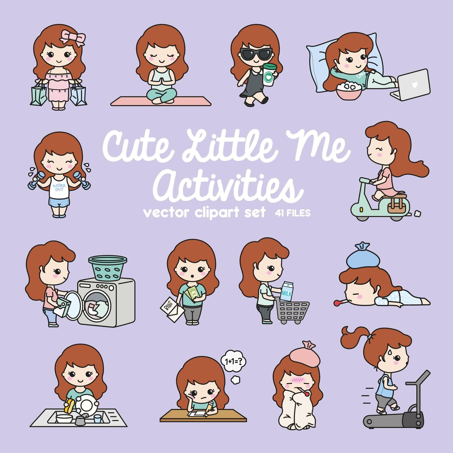 Premium Vector Clipart - Cute Me - Kawaii Girl - Cute Girl Planning Clipart - Red Hair - Kawaii Clipart