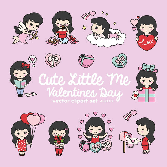 Premium Vector Clipart - Kawaii Valentines Day Cute Me - Valentines Day Girl Clipart Set - Cute Valentines Day Clipart - Black Hair