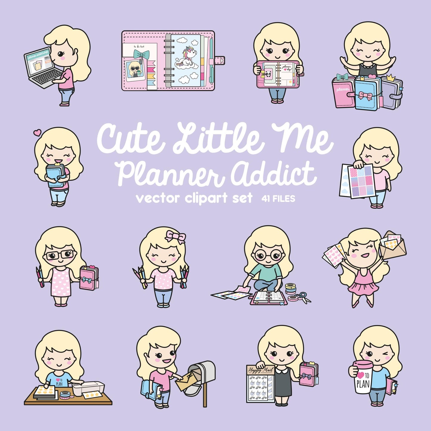 Premium Vector Clipart - Kawaii Girl - Cute Girl Planner Addict Clipart - Cute Me Loves Planning - Instant Download - Kawaii Clipart