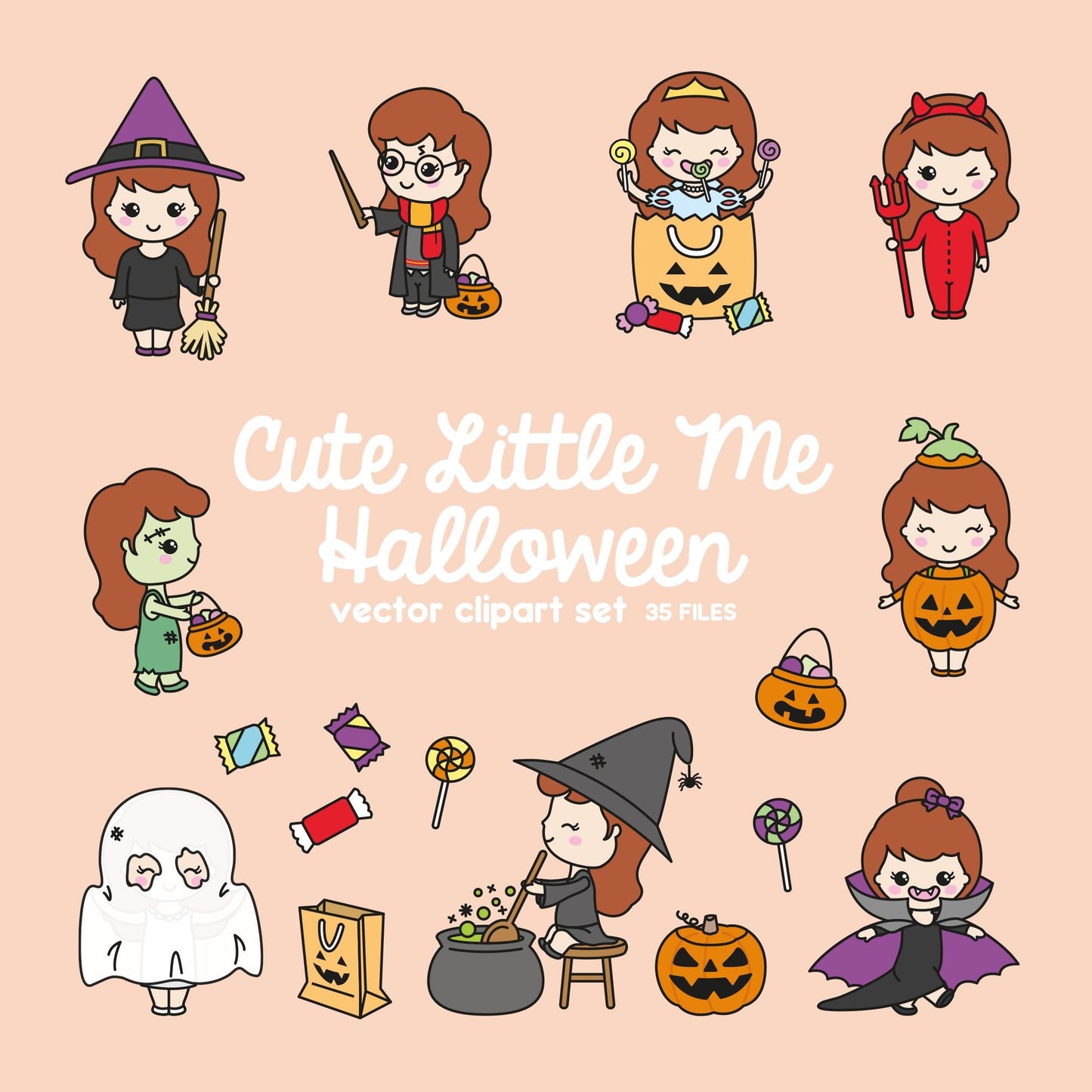 Premium Vector Clipart - Kawaii Halloween Girl - Cute Me Halloween Clipart Set - Red Hair - Kawaii Halloween Clipart